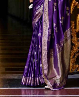 violet satin zari woven saree with unstitched blouse piece 3