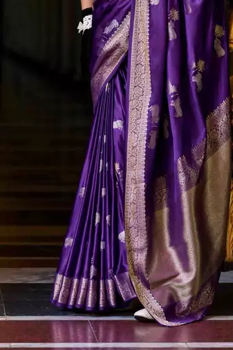 violet satin zari woven saree with unstitched blouse piece