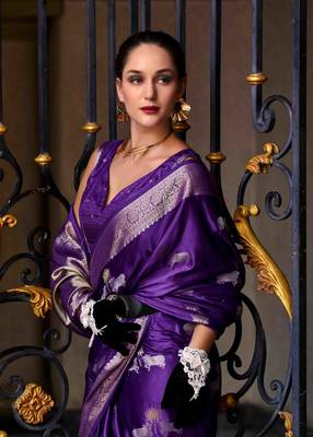 violet satin zari woven saree with unstitched blouse piece 4