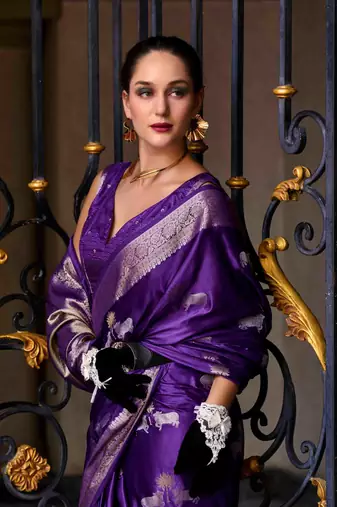 violet satin zari woven saree with unstitched blouse piece