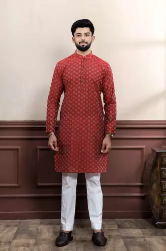 maroon cotton blend abstract print kurta payjama