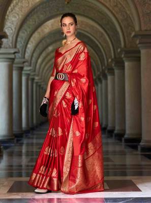 red satin zari woven saree with unstitched blouse piece 1