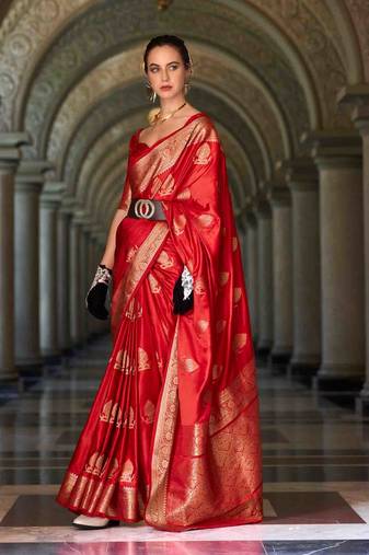 red satin zari woven saree with unstitched blouse piece