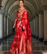 red satin zari woven saree with unstitched blouse piece