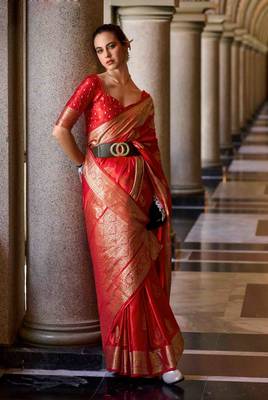 red satin zari woven saree with unstitched blouse piece 2