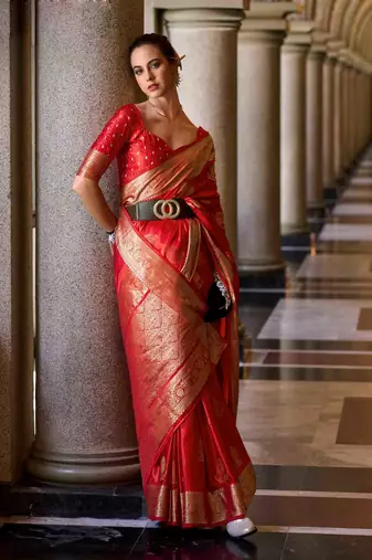 red satin zari woven saree with unstitched blouse piece