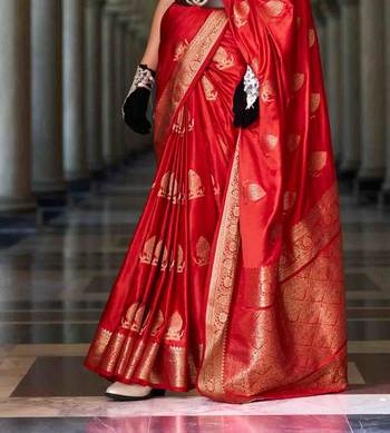 red satin zari woven saree with unstitched blouse piece 3