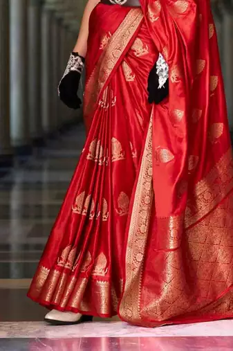 red satin zari woven saree with unstitched blouse piece