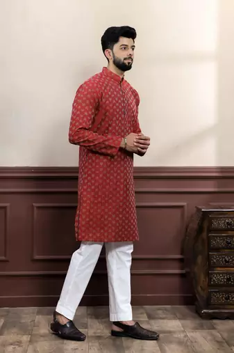 maroon cotton blend abstract print kurta payjama