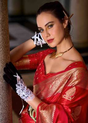 red satin zari woven saree with unstitched blouse piece 4