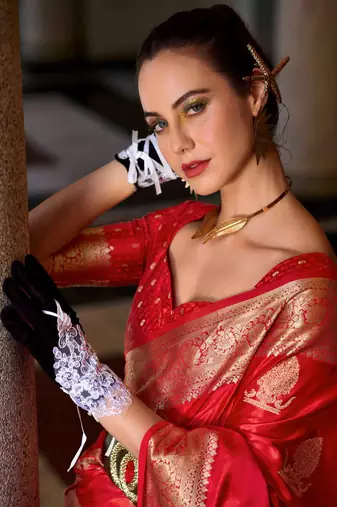 red satin zari woven saree with unstitched blouse piece