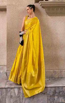 yellow satin zari woven saree with unstitched blouse piece 1