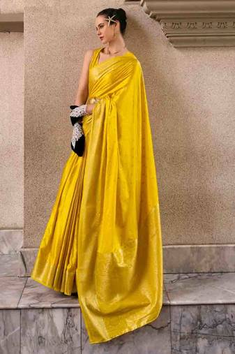 yellow satin zari woven saree with unstitched blouse piece