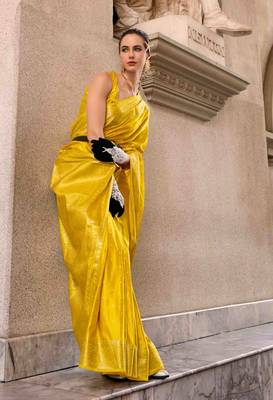 yellow satin zari woven saree with unstitched blouse piece 2
