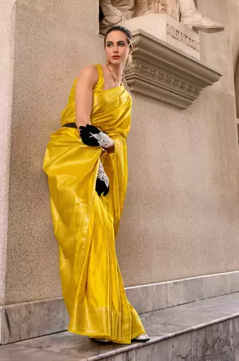 yellow satin zari woven saree with unstitched blouse piece