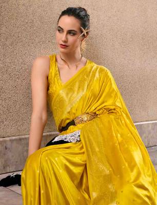 yellow satin zari woven saree with unstitched blouse piece 3