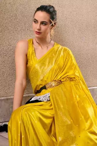 yellow satin zari woven saree with unstitched blouse piece