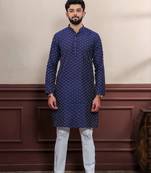 Blue blended cotton fabric wevon dobby designer men's kurta payjama
