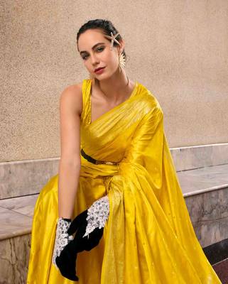 yellow satin zari woven saree with unstitched blouse piece 4
