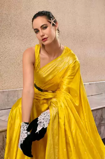yellow satin zari woven saree with unstitched blouse piece