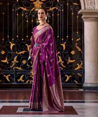 purple satin zari woven saree with unstitched blouse piece 1