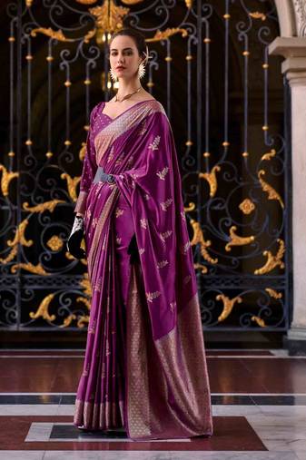 purple satin zari woven saree with unstitched blouse piece