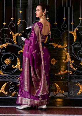 purple satin zari woven saree with unstitched blouse piece 2