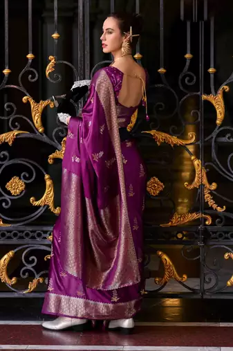 purple satin zari woven saree with unstitched blouse piece
