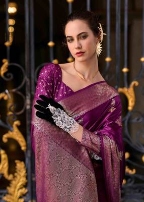 purple satin zari woven saree with unstitched blouse piece 3