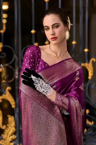 purple satin zari woven saree with unstitched blouse piece