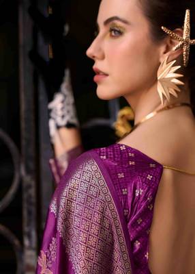 purple satin zari woven saree with unstitched blouse piece 4