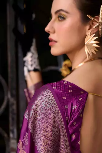 purple satin zari woven saree with unstitched blouse piece