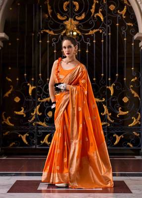 orange satin zari woven saree with unstitched blouse piece 1