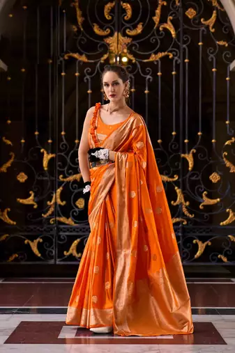 orange satin zari woven saree with unstitched blouse piece