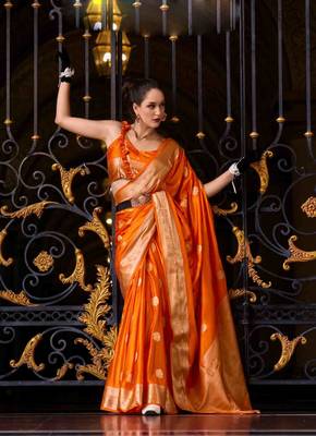 orange satin zari woven saree with unstitched blouse piece 2