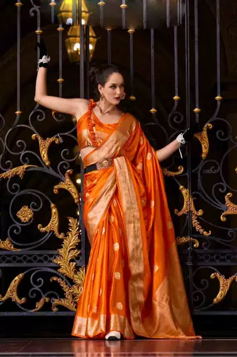 orange satin zari woven saree with unstitched blouse piece