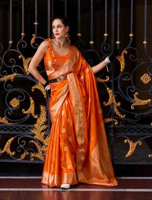orange satin zari woven saree with unstitched blouse piece 3