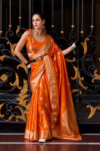 orange satin zari woven saree with unstitched blouse piece