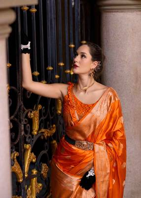 orange satin zari woven saree with unstitched blouse piece 4