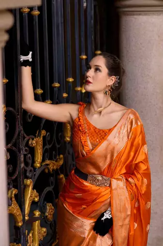 orange satin zari woven saree with unstitched blouse piece