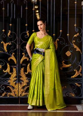 parrot green satin zari woven saree with unstitched blouse piece 1