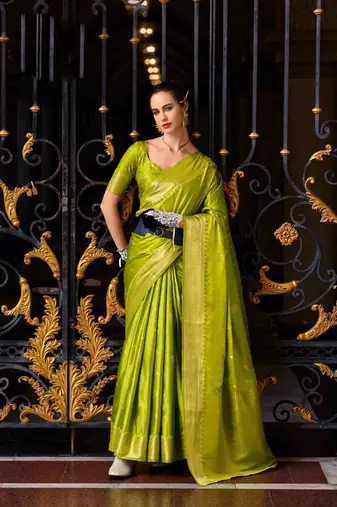 parrot green satin zari woven saree with unstitched blouse piece