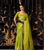 parrot green satin zari woven saree with unstitched blouse piece