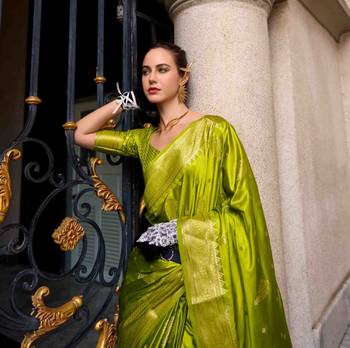 parrot green satin zari woven saree with unstitched blouse piece 2