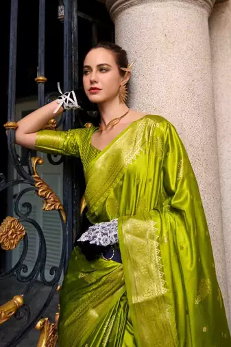parrot green satin zari woven saree with unstitched blouse piece