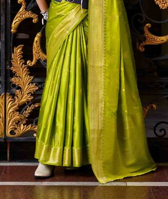 parrot green satin zari woven saree with unstitched blouse piece 3