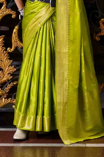 parrot green satin zari woven saree with unstitched blouse piece