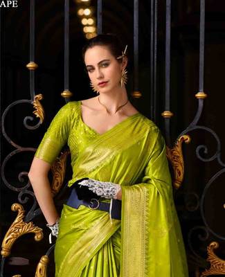 parrot green satin zari woven saree with unstitched blouse piece 4