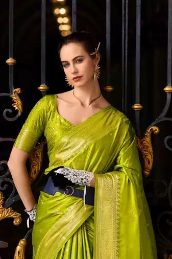 parrot green satin zari woven saree with unstitched blouse piece
