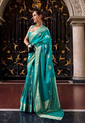 turquoise satin zari woven saree with unstitched blouse piece 1